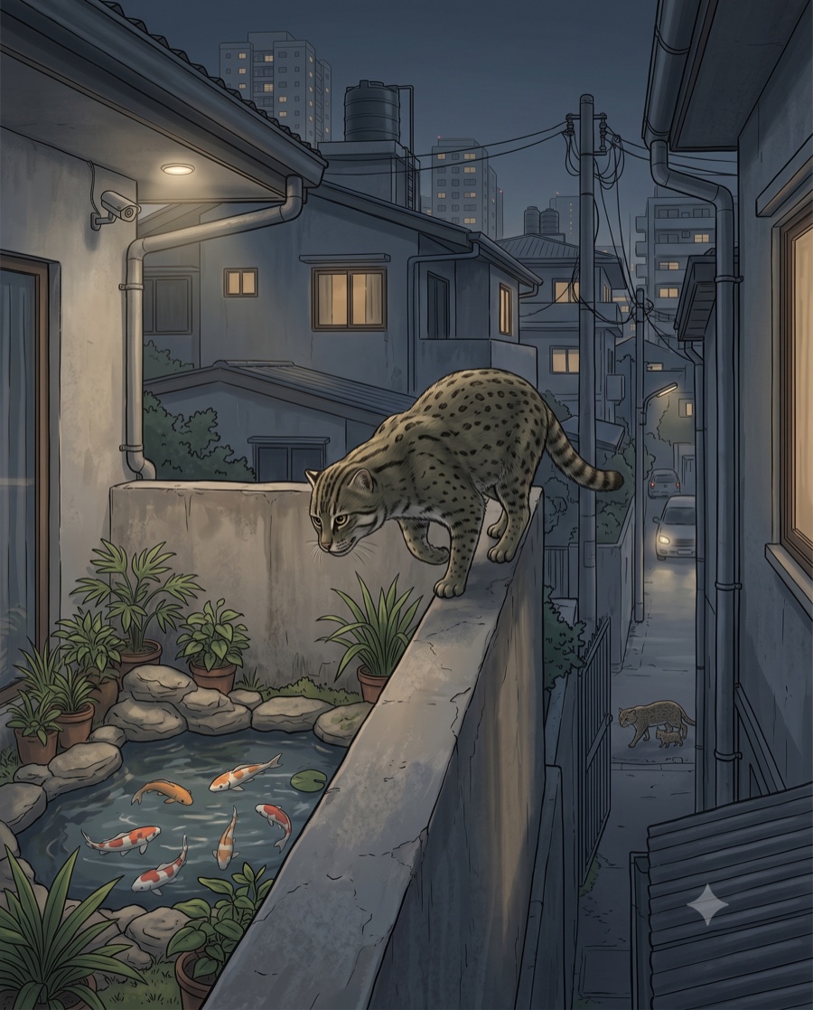 Illustration of a fishing cat on a garden wall above a koi pond in a Colombo side street at night, watched by a security camera, with another cat and kitten in the lane